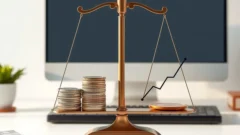 Coins on a scale beside a rising line symbol, representing passive index fund investing