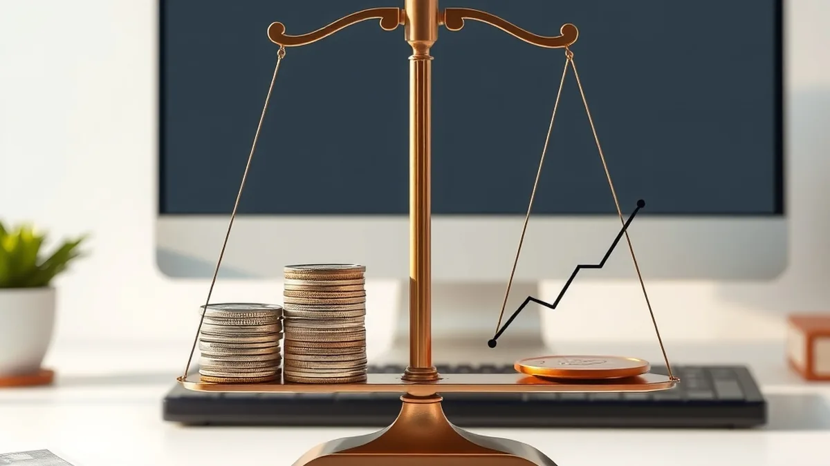 Coins on a scale beside a rising line symbol, representing passive index fund investing