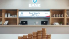 Bank counter with rupee coins and rising blocks symbolising a bank's profit growth