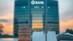Bank tower at dusk with rupee coins, representing Axis Bank quarterly results