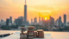 Rupee coins and a bar-chart sculpture before a city skyline, representing a lender's quarterly profit growth