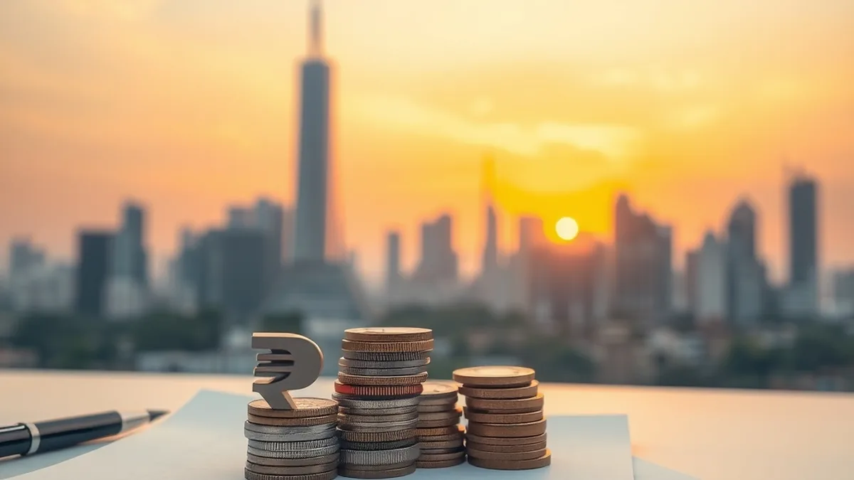 Rupee coins and a bar-chart sculpture before a city skyline, representing a lender's quarterly profit growth