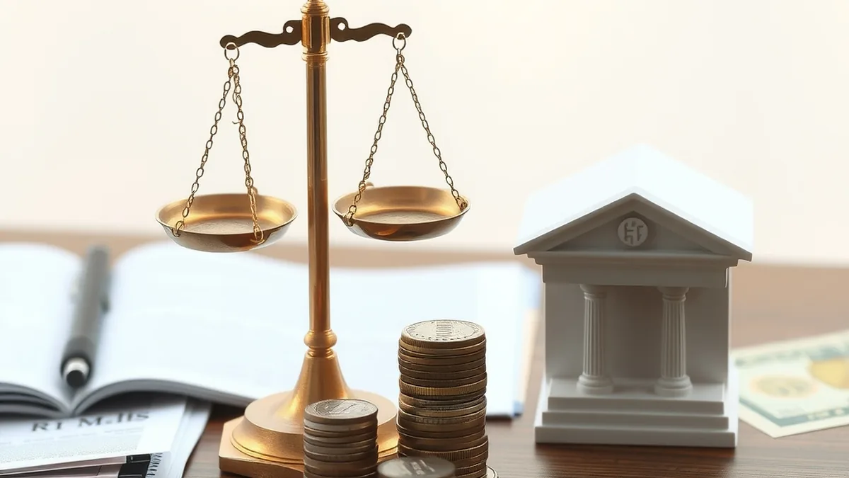 Balance scale and coins beside a small bank building model, representing banking regulation