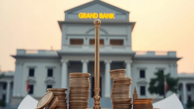 Balance scale with coins and a bank model, illustrating the Basel Committee on Banking Supervision capital rules