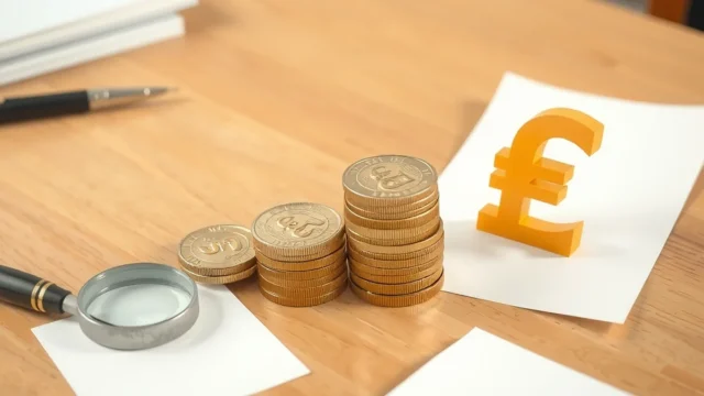 Meeting table with pen, magnifying glass and coins beside a pound symbol, representing central bank banknote discussions