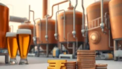Brewery tanks and beer glasses with a large rupee symbol, representing a brewer's India IPO