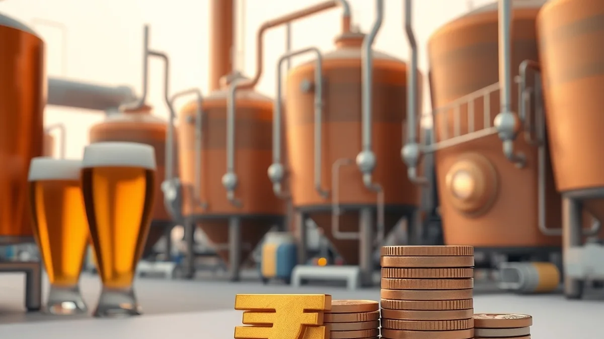 Brewery tanks and beer glasses with a large rupee symbol, representing a brewer's India IPO