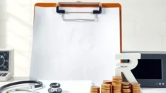 Hospital reception desk with stethoscope and coins representing health insurance claims