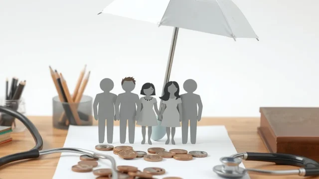 Family figures under an umbrella beside a stethoscope and coins, representing health insurance cover