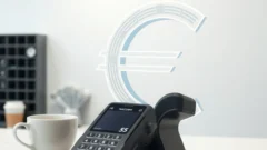 Euro symbol with circuit lines beside a contactless payment terminal, representing the digital euro
