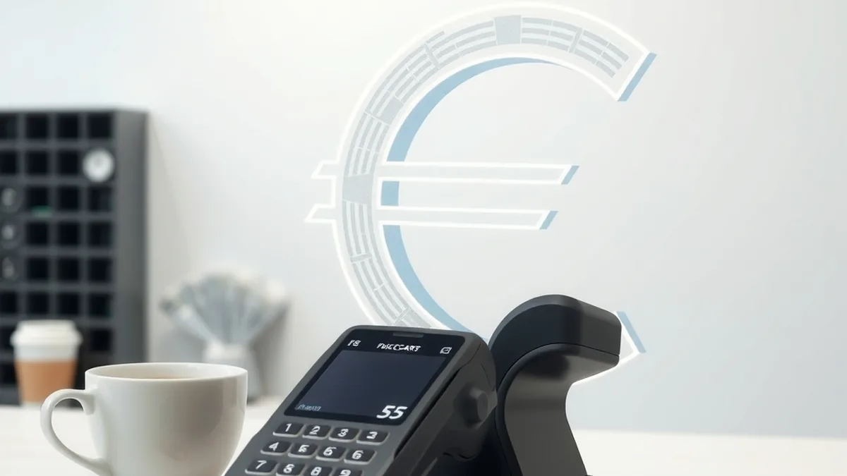 Euro symbol with circuit lines beside a contactless payment terminal, representing the digital euro
