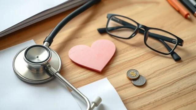 Stethoscope and heart shape on a desk, representing health insurance cover