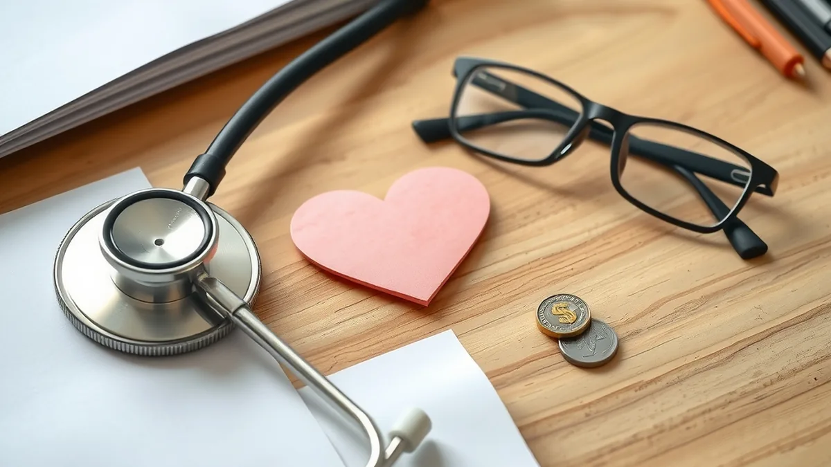 Stethoscope and heart shape on a desk, representing health insurance cover