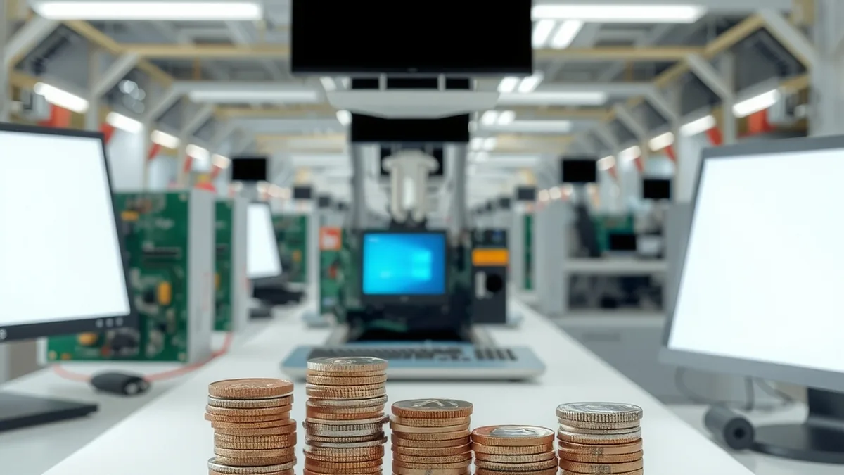 Circuit board assembly line with a falling coin arrow, representing the Cyient DLM share fall