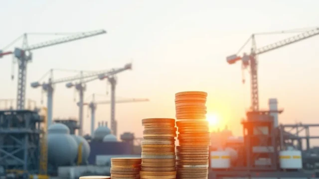 Factory construction site at dawn with coins in foreground, symbolising private investment and growth
