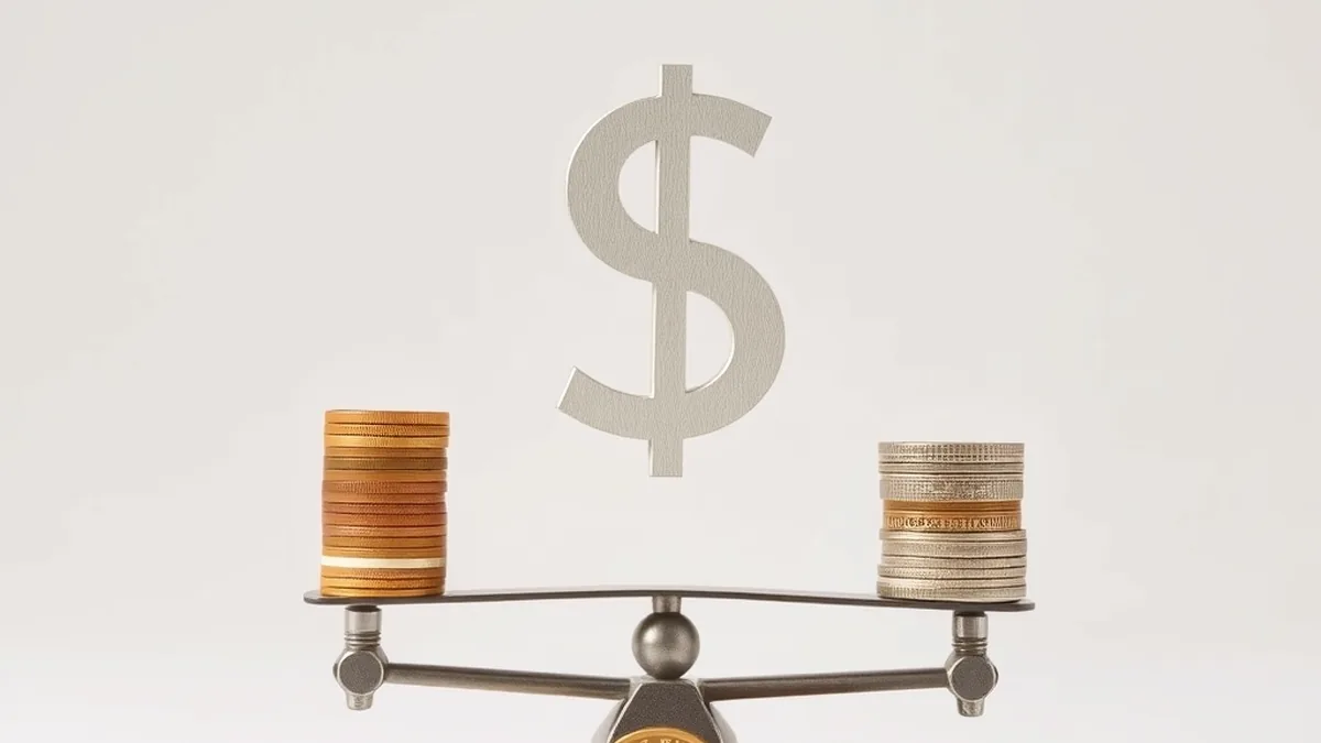 Dollar symbol weighed against a group of six coins, illustrating the dollar index