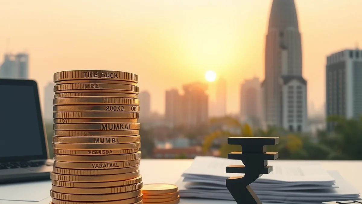 Financial district skyline with coins and a rupee symbol, representing an IPO anchor round