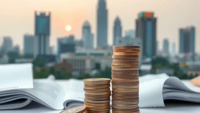 Financial district skyline with rupee coins representing an IPO launch