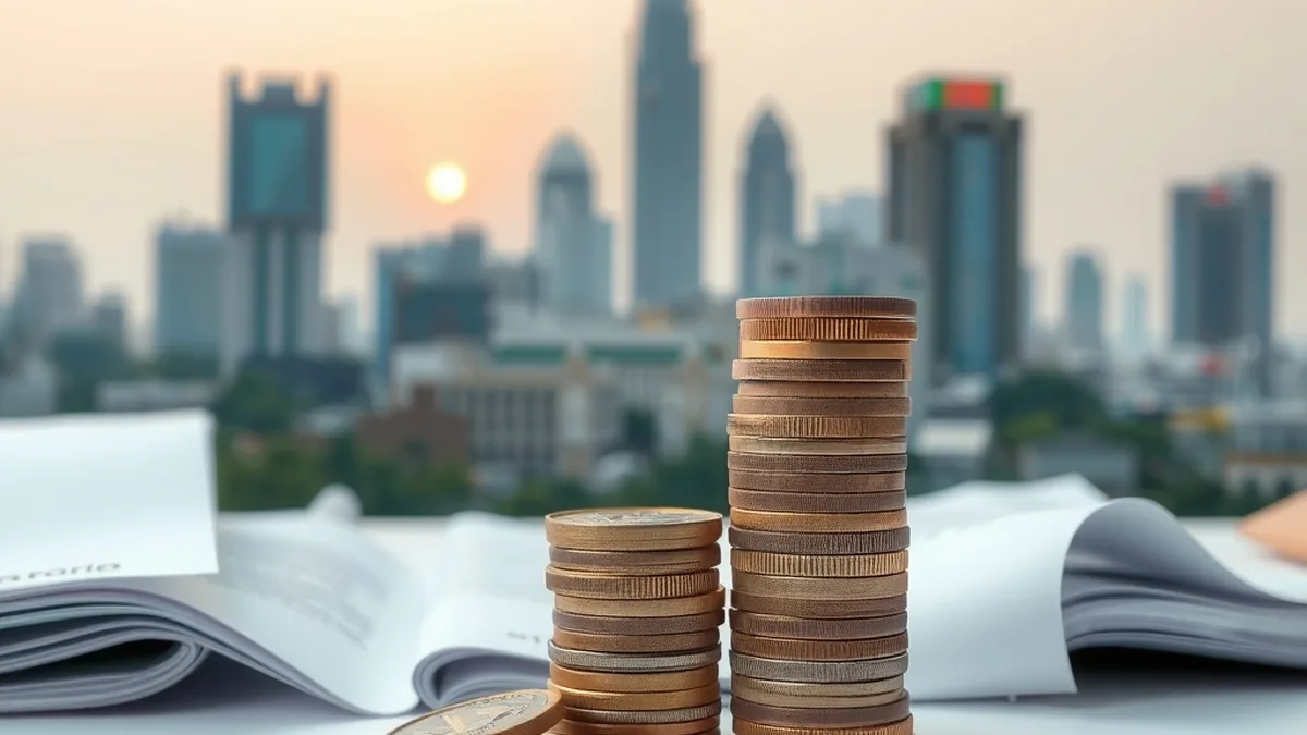 Financial district skyline with rupee coins representing an IPO launch