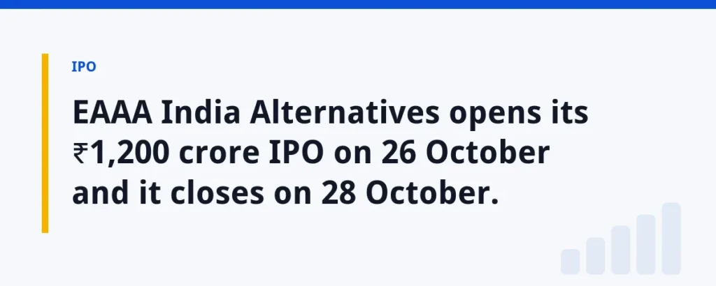 EAAA India Alternatives opens its ₹1,200 crore IPO on 26 October and it closes on 28 October.