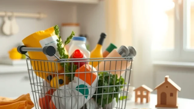 Household groceries, a small house model and coins on a kitchen table, representing euro area consumer expectations