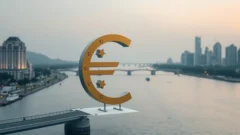 Euro symbol on a bridge between two city skylines, illustrating cross-border euro liquidity
