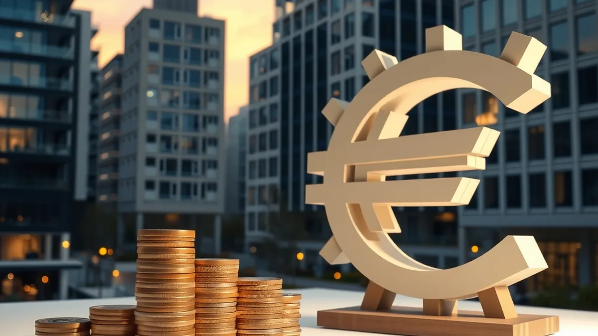 Euro symbol and coins in front of a European business district at dusk, illustrating tighter bank lending