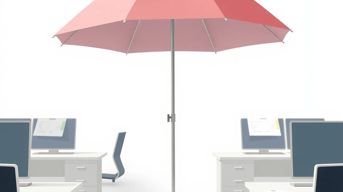 Office desks under a protective umbrella with a stethoscope, representing employer group health cover
