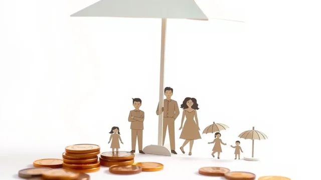 One large umbrella shielding a family beside small single umbrellas, illustrating floater versus individual health cover