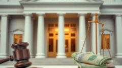 Small-town bank building with a gavel and scales, symbolising lifted US bank enforcement actions
