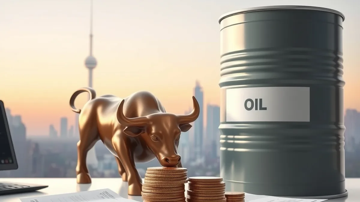 Oil barrel, coins and a bull sculpture representing foreign investor selling in Indian shares and crude oil prices