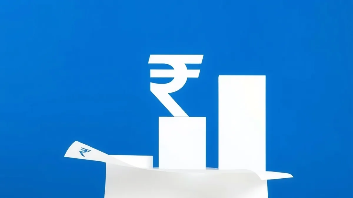 A clean financial banner with a rising bar motif and a large ₹ symbol on a deep blue background