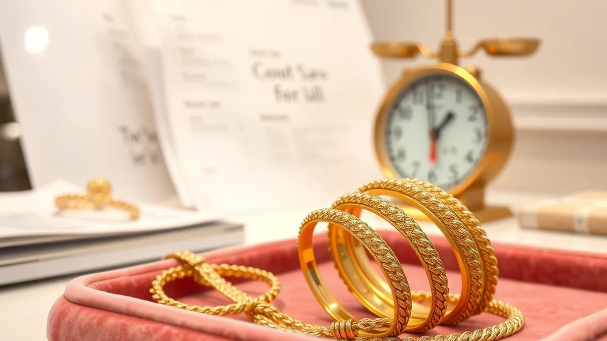 Gold chain and bangles on a velvet tray beside a small scale, illustrating gold jewellery prices