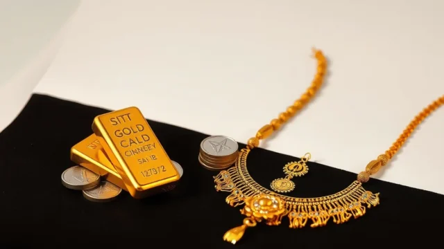 Gold bars, coins and a necklace on velvet, representing today's gold prices in India