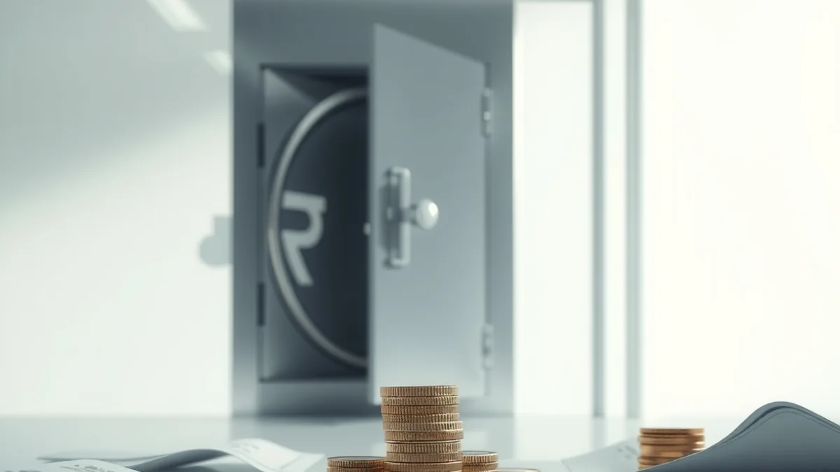 Open bank vault with coins and a rupee symbol, illustrating bank loan quality and gross NPA