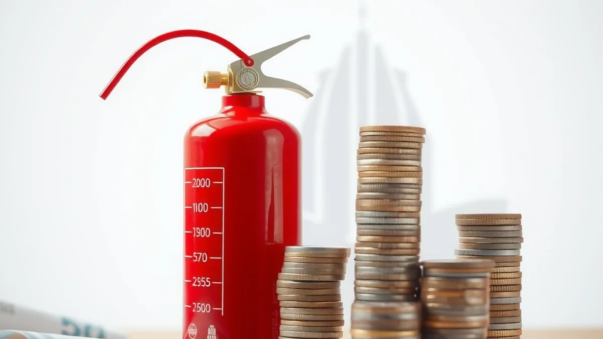 Fire safety equipment beside stacked coins, representing the HD Fire Protect stock market listing