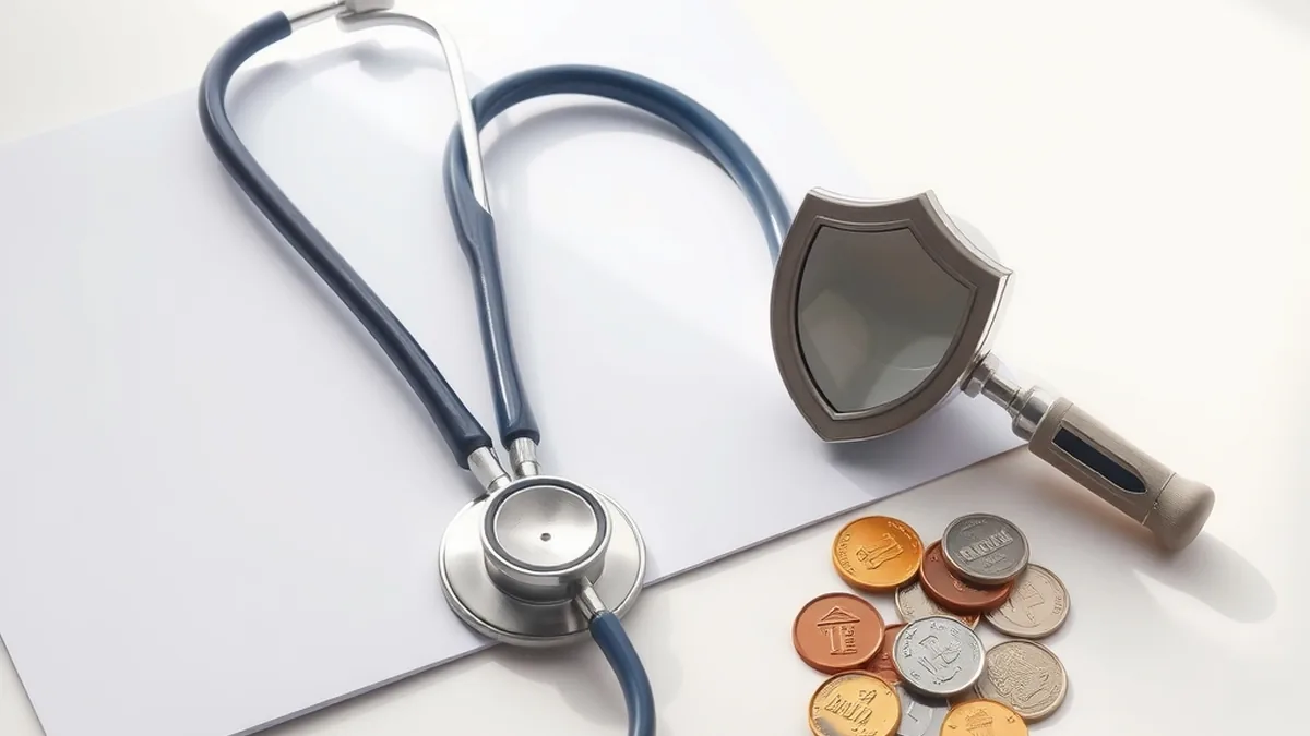 Stethoscope, folder and magnifying glass on a desk representing a health insurance claim review