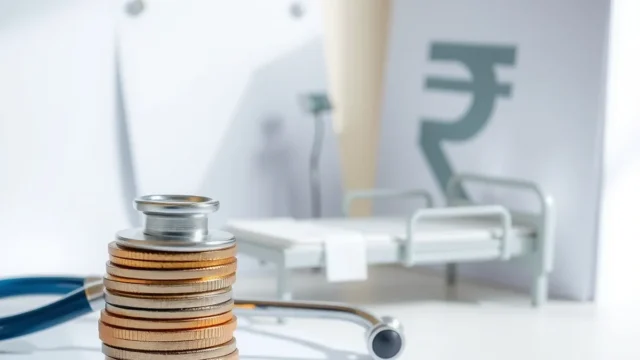 Stethoscope, coins and small hospital bed model representing health insurance costs