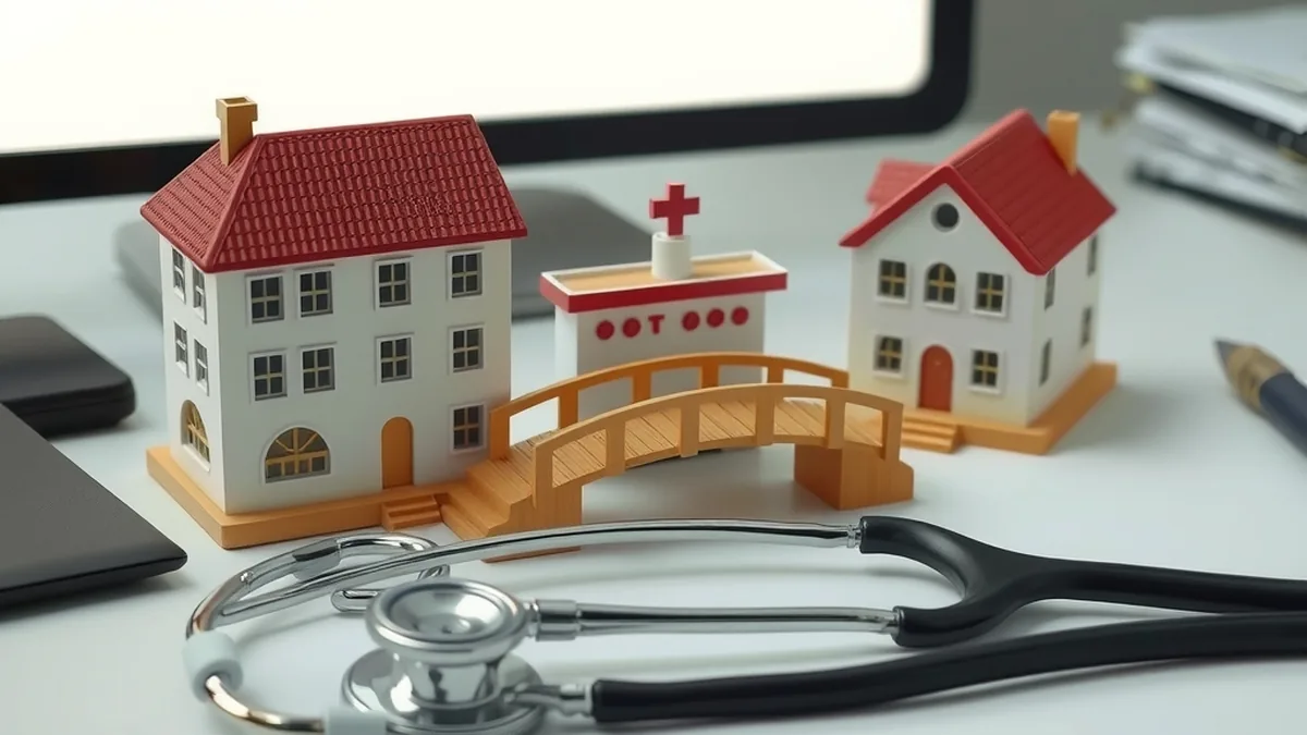 Stethoscope on a small bridge between two model hospital buildings, symbolising switching health insurers