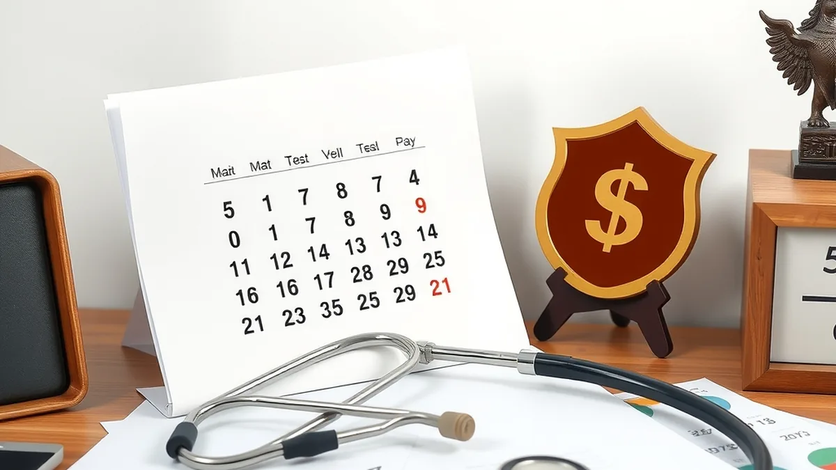 Calendar, stethoscope and shield model on a desk representing health insurance waiting periods