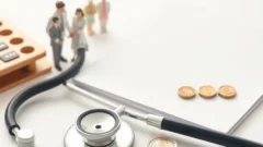 Stethoscope, small family figurines and coins on a desk representing health insurance cover