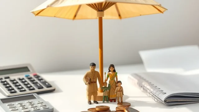 Family figurines sheltered under an umbrella beside a calculator, representing term insurance cover planning