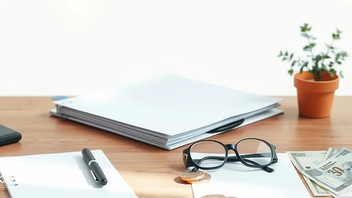 Folder, pen and glasses on a desk, representing life insurance claim paperwork