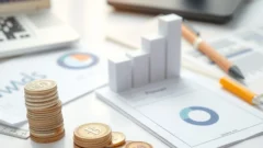 Coins and rising blocks on a desk representing GDP measurement