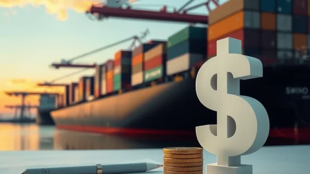 Container port at dusk with dollar coins, representing India's trade and balance of payments