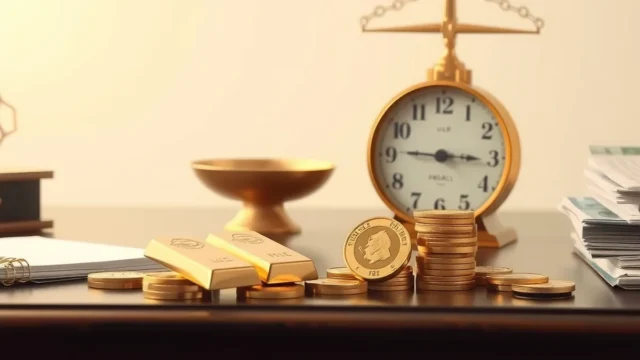 Gold bars and coins beside a brass scale, representing the India Bullion and Jewellers Association gold price benchmark for bonds