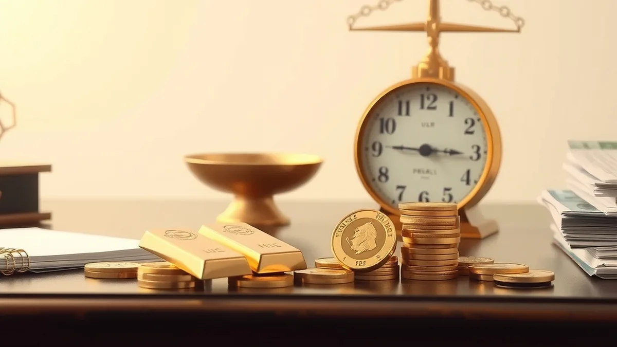Gold bars and coins beside a brass scale, representing the India Bullion and Jewellers Association gold price benchmark for bonds