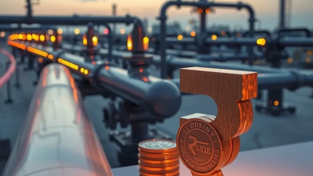 Gas pipeline network at dusk with a rupee symbol made of coins, illustrating the Indian Gas Exchange IPO