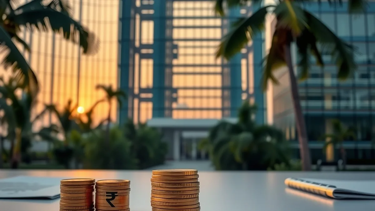 Corporate technology campus with coins and a rupee symbol, representing Infosys quarterly results