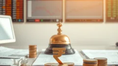 Trading bell and coins with a rupee symbol, representing IPO listings